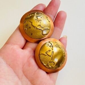 Earrings VTG Brass Copper chunky Round Globe World Map pierced MCM Statement